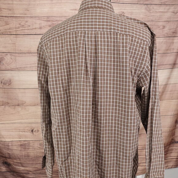 VAN HEUSEN NO WRINKLE BROWN CHECK BUTTON DOWN SHIRT MENS SIZE L 16-16.5 - Picture 4 of 6